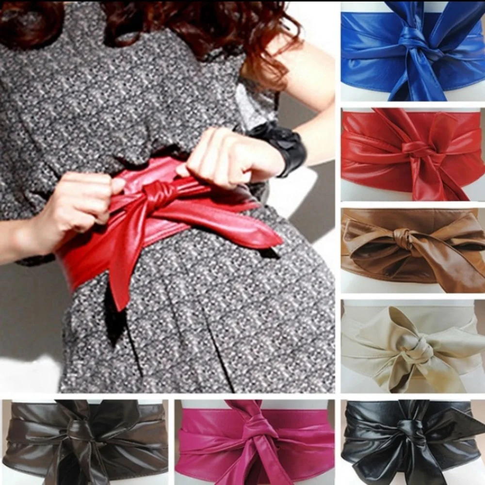 Soft Pretty PU Leather Self Tie Bow Wrap Around Obi Waistband Belt